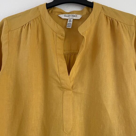 Ellen Tracy Tunic Top Size M‎ 100% Linen Roll Tab Sleeve Yellow - Picture 4 of 10